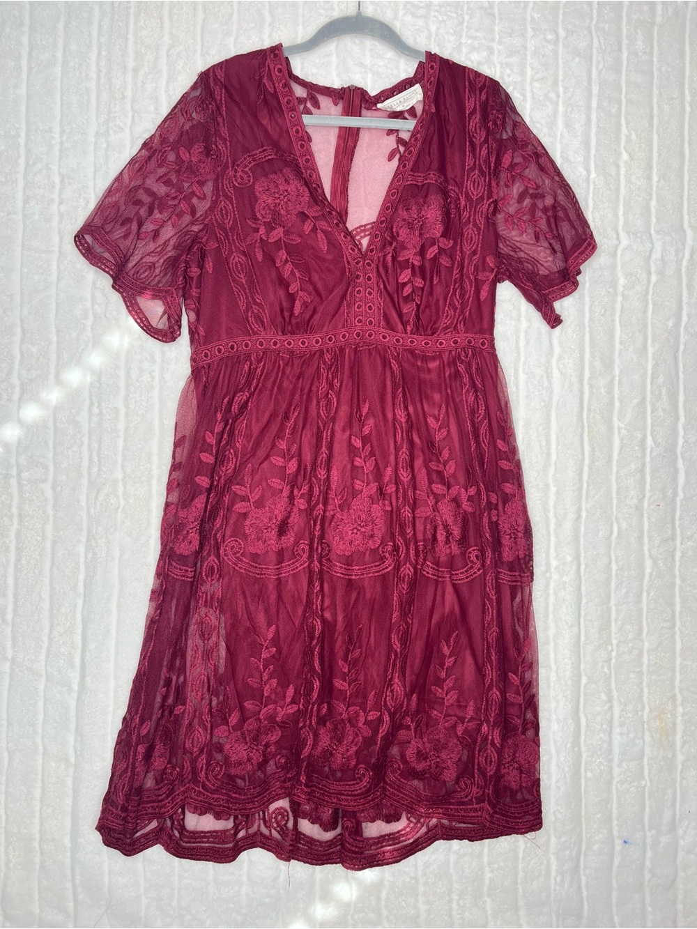 Bella Ella Maroon Lace Embroidered Maxi Dress XL Boho Wedding Guest
